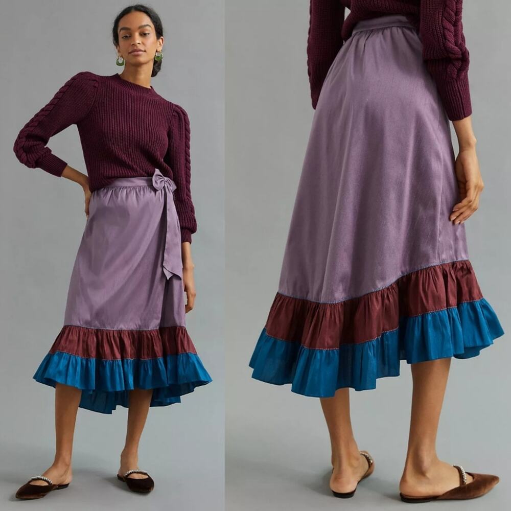 NWT Sachin & Babi Lilac Purple & Royal Blue Colorblocked Ruffle Maxi Skirt, Sz 6